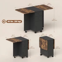HOMCOM Drop Leaf Dining Table, Mobile Folding Table on Wheels with Drawers and Cabinet for Dining Room, Rustic Brown and Black(m-3)