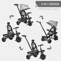 Qaba Tricycle for Toddler 4 in 1 Kids Trike, Foldable Converts Stroller to Toddler Bike, Adjustable Backrest & Curved Canopy, Detachable Guardrail & Handle for 1-5 Years Old, Grey(m-4)