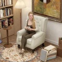 HOMCOM Fabric Accent Chair, Button Tufted Armchair, Upholstered Modern Living Room Chair, Wingback Chair with Wood Legs, Rolled Arms, Thick Padding for Bedroom, White(m-10)