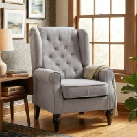 HOMCOM Fabric Accent Chair, Button Tufted Armchair, Upholstered Modern Living Room Chair, Wingback Chair with Wood Legs, Rolled Arms, Thick Padding for Bedroom, Grey(m-9)