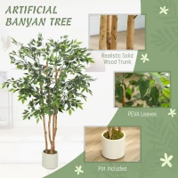 HOMCOM 5FT Artificial Banyan Tree Set of 2, Fake Potted Tree with Solid Wood Trunk and Pot for Indoor(m-4)