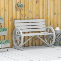 Outsunny 41" Wooden Wagon Wheel Bench, Rustic Outdoor Patio Weather Resistance Furniture, 2-Person Slatted Seat Bench with Backrest, Light Gray(m-8)