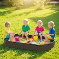 Outsunny Kids Sandbox with Cover, Seat, Sandbox Outdoor for Backyard, Brown(m-1)
