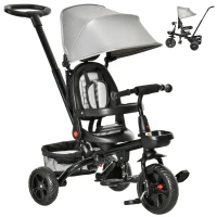 Qaba Tricycle for Toddler 4 in 1 Kids Trike, Foldable Converts Stroller to Toddler Bike, Adjustable Backrest & Curved Canopy, Detachable Guardrail & Handle for 1-5 Years Old, Grey(m-2)