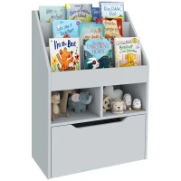 HOMCOM Kids Bookcase Multi-Shelf Rack Organizer with Storage Drawer for Books for Reading Nook, Classroom, Bedroom, Playroom, Grey(m-2)