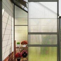 Outsunny 6' x 4' Aluminum Lean-to Greenhouse Polycarbonate Walk-in Greenhouse with Rain Gutter and Sliding Door, Dark Grey(m-11)