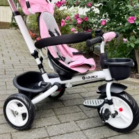 Qaba 6 in 1 Toddler Tricycle with Parent Push Handle, Canopy, Storage Baskets, Cupholder, Pink(m-10)