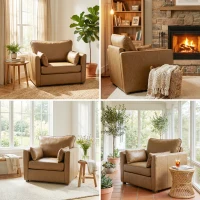 HOMCOM Accent Chair, PU Leather Armchair with Wide Seat, Spring Cushion, Rubberwood legs, 2 Pillows, Brown(m-9)
