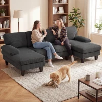 HOMCOM Sectional Sofa, U Shaped Couch with Double Chaise, Pillow-top Armrests and Spring Cushions, 2200lb Capacity, Dark Grey(m-1)