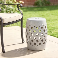 Outsunny 13" x 18" Ceramic Garden Stool with Woven Lattice Design & Glazed Strong Materials Decorative Outdoor Stool, White(m-10)