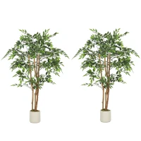 HOMCOM 5FT Artificial Banyan Tree Set of 2, Fake Potted Tree with Solid Wood Trunk and Pot for Indoor(m-2)