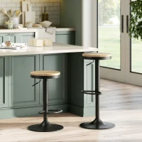 HOMCOM Wood Barstools Set of 2, Swivel Bar Stools with Adjustable Height for Kitchen Counter, Natural Wood and Black(m-1)