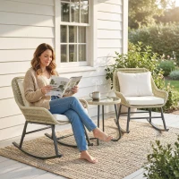 Outsunny 3 Piece Rocking Bistro Set Outdoor Patio Furniture Set with Cushions, Glass Coffee Table for Balcony, Cream White(m-1)