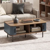 HOMCOM Nordic Side Table with Fluted Tambour Sliding Doors and Steel Legs, Coffee Table with Storage for Living Room, Black(m-1)