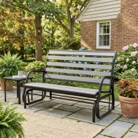 Outsunny 2 Person Outdoor Glider Bench, Patio Glider Loveseat with Faux Wood Slatted Seat and Back, Steel Frame, Grey(m-8)