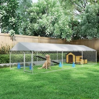 PawHut 19.7' x 7.5' x 4.9' Outdoor Dog Kennel Heavy Duty Galvanized Steel Chain Link with UV-resistant Roof, Silver(m-8)