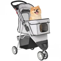PawHut 3 Wheels Foldable Dog Stroller with Storage Basket, Adjustable Canopy, Cupholder for Miniature and Small Dogs, Grey(m-11)