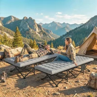 Outsunny Set of 2 Camping Cot with Soft Pad, 32" Extra Wide Folding Cots with Non-Slip Feet and Carry Bag, Grey(m-1)