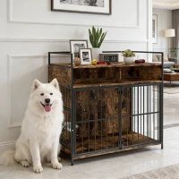 PawHut Dog Crate Furniture with Rotating Feeding Station Dog Kennel End Table Storage Shelves, Rustic Brown(m-8)