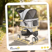 PawHut 3 Wheels Foldable Dog Stroller with Storage Basket, Adjustable Canopy, Cupholder for Miniature and Small Dogs, Grey(m-3)