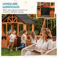 Qaba Wooden Playhouse Playhouse for Kids with Table, Benches, Sink Table, Windows, Flowerpot Holders, for Ages 3-8, Brown(m-7)