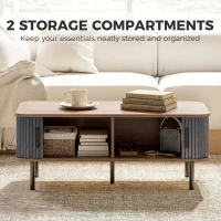 HOMCOM Nordic Side Table with Fluted Tambour Sliding Doors and Steel Legs, Coffee Table with Storage for Living Room, Black(m-6)