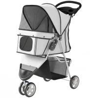PawHut 3 Wheels Foldable Dog Stroller with Storage Basket, Adjustable Canopy, Cupholder for Miniature and Small Dogs, Grey(m-2)