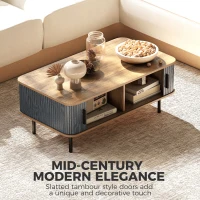 HOMCOM Nordic Side Table with Fluted Tambour Sliding Doors and Steel Legs, Coffee Table with Storage for Living Room, Black(m-4)