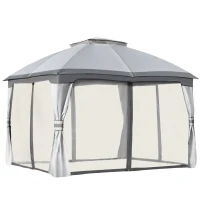 Outsunny 12' x 10' 2-Tier Outdoor Gazebo Canopy Tent for Patio with Zippered Mesh Sidewalls, Solid Steel Frame, Arched Roof, Grey(m-2)
