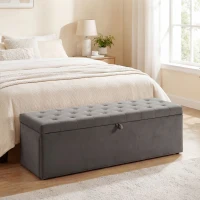 HOMCOM Storage Ottoman, Upholstered Velvet End of Bed Bench, Button Tufted Storage Bench for Bedroom, Living Room, Grey(m-1)