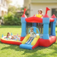 Qaba Bouncy Castle for Kids, Inflatable Bounce House with Slide, Pool/Ball Pit, Basketball Hoop and Blower for Indoor Outdoor(m-1)
