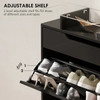 HOMCOM High Gloss Shoe Cabinet with 2 Flip Drawers and Adjustable Shelves, Narrow Shoe Storage Cabinet with Glass Top, Black(m-5)