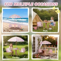 Qaba Kids Picnic Table and Chair Set, Outdoor Table with Foldable Chairs, Removable Umbrella, Pink(m-7)