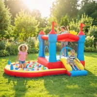 Qaba Bouncy Castle for Kids, Inflatable Bounce House with Slide, Pool/Ball Pit, Basketball Hoop and Blower for Indoor Outdoor(m-8)