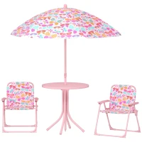 Qaba Kids Picnic Table and Chair Set, Outdoor Table with Foldable Chairs, Removable Umbrella, Pink(m-1)