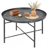 HOMCOM Vintage Coffee Table for Living Room, 24" Round Center Table with Hammered Tray Top and Metal Frame, Pewter(m-2)