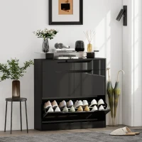 HOMCOM High Gloss Shoe Cabinet with 2 Flip Drawers and Adjustable Shelves, Narrow Shoe Storage Cabinet with Glass Top, Black(m-1)