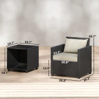 Outsunny 3 Piece Patio Bistro Set, Wicker Furniture Set with Thick Cushions, Glass Coffee Table and Chairs for Garden, Beige(m-3)