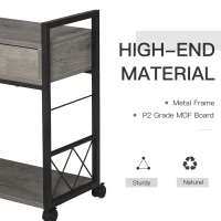 HOMCOM Industrial End Table with Drawer and Bottom Shelf, Mobile Side Table with 4 Wheels for Living Room,Grey(m-6)