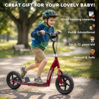 HOMCOM Kids Scooter with 12" EVA Big Tires, Street Bike Bicycle for Teens with Adjustable Height Handle for 5-12 Year Old, Red(m-9)