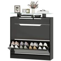 HOMCOM High Gloss Shoe Cabinet with 2 Flip Drawers and Adjustable Shelves, Narrow Shoe Storage Cabinet with Glass Top, Black(m-2)