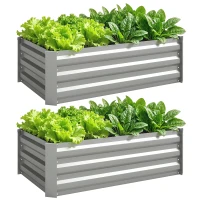 Outsunny Set of 2 Galvanized Raised Beds for Garden, Outdoor Planter Box for Flowers, Herbs and Vegetables, Light Grey(m-2)