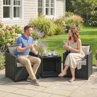 Outsunny 3 Piece Patio Bistro Set, Wicker Furniture Set with Thick Cushions, Glass Coffee Table and Chairs for Garden, Beige(m-9)