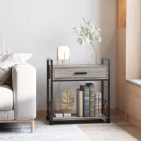 HOMCOM Industrial End Table with Drawer and Bottom Shelf, Mobile Side Table with 4 Wheels for Living Room,Grey(m-2)