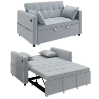 HOMCOM 3‑in‑1 Convertible Sofa Bed, Pull Out Sleeper Sofa with USB Charging, Adjustable Backrest, Side Pockets, Light Grey(m-11)