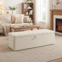 HOMCOM Storage Ottoman, Upholstered Velvet End of Bed Bench, Button Tufted Storage Bench for Bedroom, Living Room, Beige(m-9)