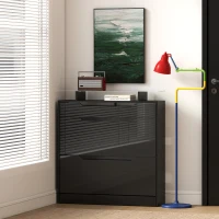 HOMCOM High Gloss Shoe Cabinet with 2 Flip Drawers and Adjustable Shelves, Narrow Shoe Storage Cabinet with Glass Top, Black(m-9)