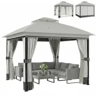 Outsunny 10' x 10' Patio Gazebo, UPF50+ Double Roof Outdoor Gazebo Canopy with Netting and Curtains, Steel Frame, Light Grey(m-2)