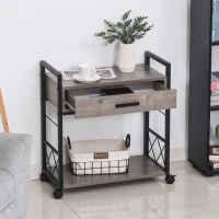 HOMCOM Industrial End Table with Drawer and Bottom Shelf, Mobile Side Table with 4 Wheels for Living Room,Grey(m-10)