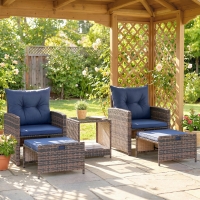 Outsunny 5 Piece Patio Furniture Set, Wicker Patio Chairs with Ottomans, 2-Tier Glass Coffee Table and Cushions, Brown/Dark Blue